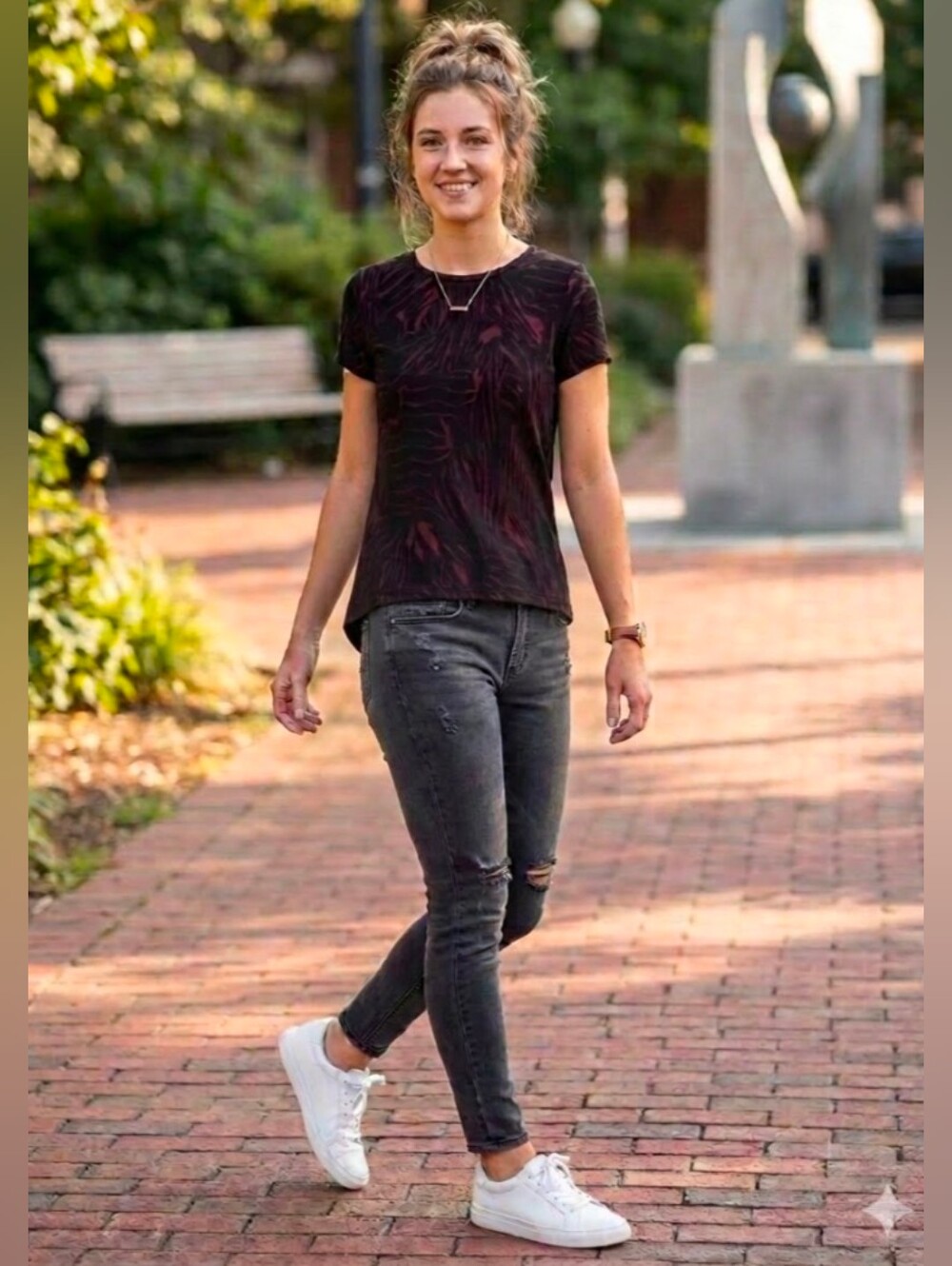 G by Guiliana Deep Cherry Red Print Short Sleeve T Shirt High Low Hem Size S